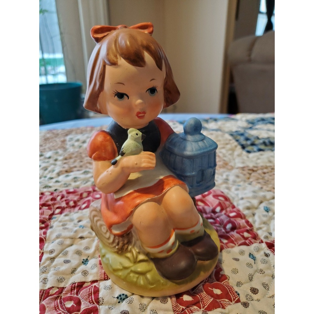 VINTAGE Little Girl FIGURINE with green bird marked on bottom Tall 7" Japan
